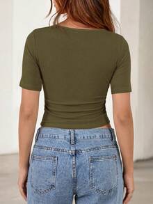 Fall New Arrival Women's Long-Sleeve Top Crop-Top Style Casual Outerwear Boat Neck With Bell Sleeves Ribbed Pleated Design Millennial-Inspired Fashion - Xanh quân đội - Xem 2