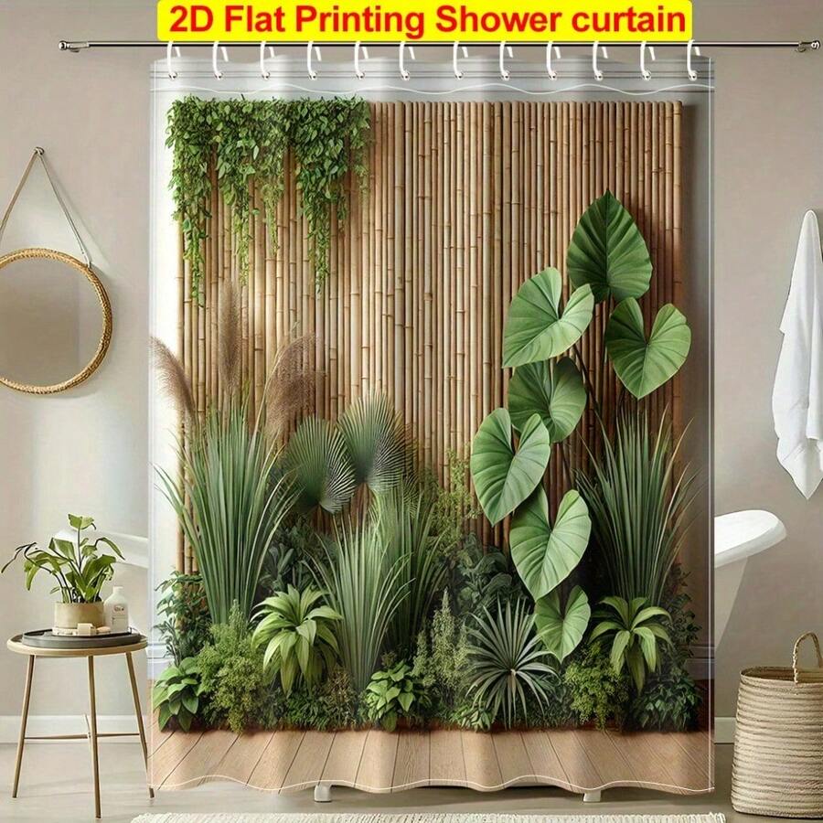 1pc A 2D Shower Curtain, Featuring A Screen And Green Plant Decorative Printed Design, Comes With 12 Hooks, Made Of Polyester Fabric, Measuring 70.8X70.8 Inches, Easy To Clean, Suitable For Windows And Walls, Bathtubs, And Bathroom Home Decor - Default - 查看 1