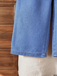 女婴时尚休闲可爱套装，蕾丝彼得潘领无袖衬衫 + 简约休闲牛仔阔腿裤 - 淺色水洗藍 - 查看 4