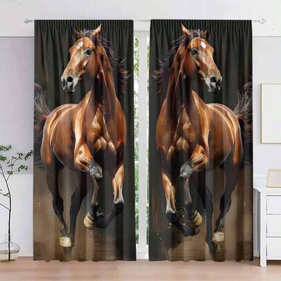 2 Pieces Set, Polyester Rod Pocket Curtains, High-Definition Digital Print Horse Design, Light Filtering Drapes, Artistic Decor For Bedroom, Living Room, Office, Home, 90g Taffeta Fabric, Washable, Seasonal, No Lining