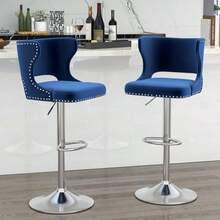 Bar Stools Set Of 4 Velvet Swivel Adjustable Barstools With Hollow Back Rivet Trim And Stable Chrome Base Upholstered Counter Height Bar Stools For Kitchen Island Blue - Blue+Silver Base - View 2