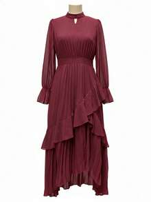 女士纯色优雅荷叶边不对称多层正式晚礼服 - 酒紅色 - 查看 3