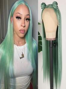 13x3.5 Inch Platinum Mint Green Synthetic Lace Front Wig, Straight Black Synthetic Lace Front Wig With Pre-Plucked Hairline, Heatproof Fiber Wig For Women - Multicolor - View 3