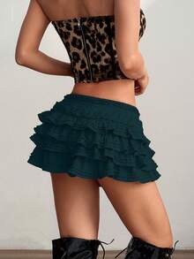 Solid Color Versatile Comfortable Ruffle Hem New Puff Shorts, Mini Hotpants For Girls Summer - Dark Green - View 2