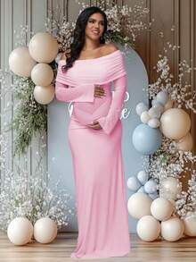 JustVH Maternity Colorblock Mesh Off-Shoulder Dress, Ruched Fishtail Hem, Suitable For Baby Shower, Elegant Stretchy Dress For Photoshoot - Pink - View 1