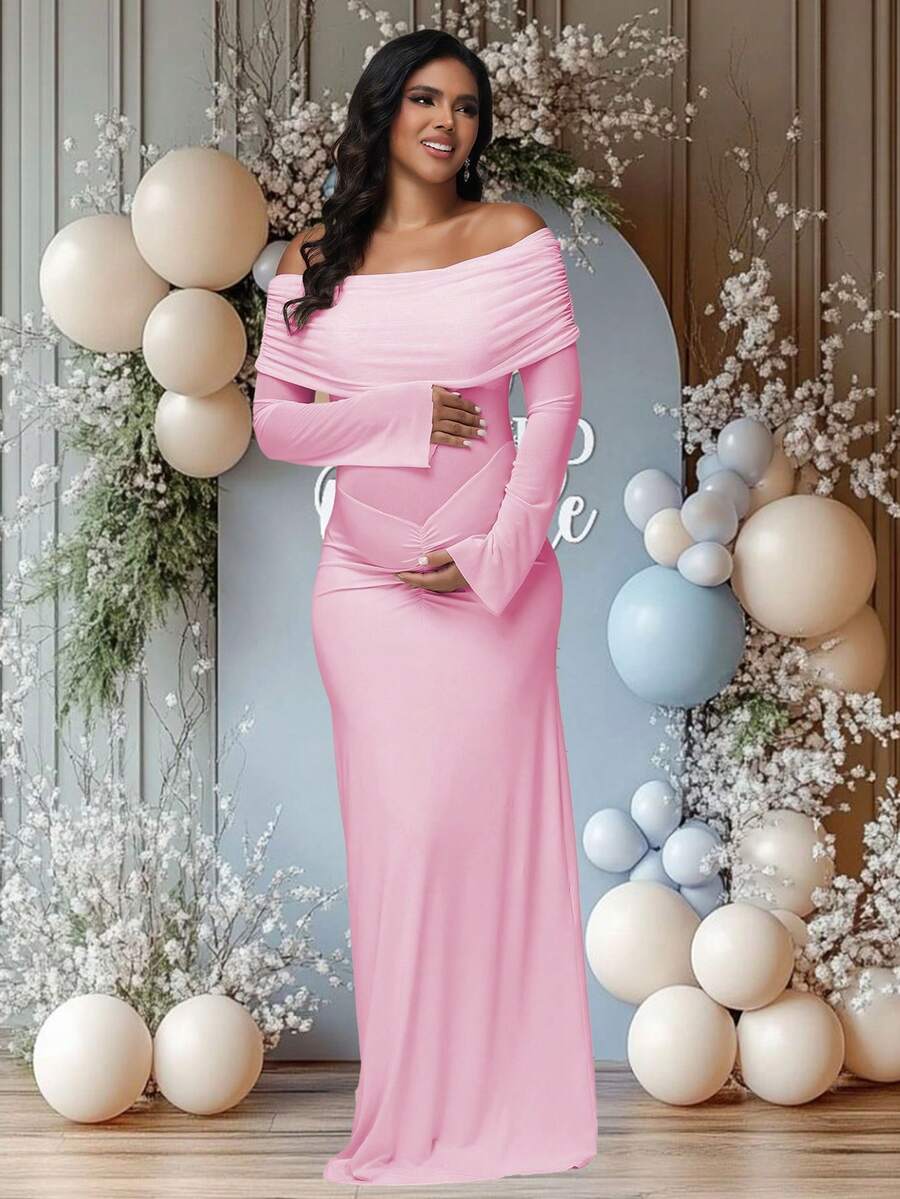 JustVH Maternity Colorblock Mesh Off-Shoulder Dress, Ruched Fishtail Hem, Suitable For Baby Shower, Elegant Stretchy Dress For Photoshoot - Pink - View 1
