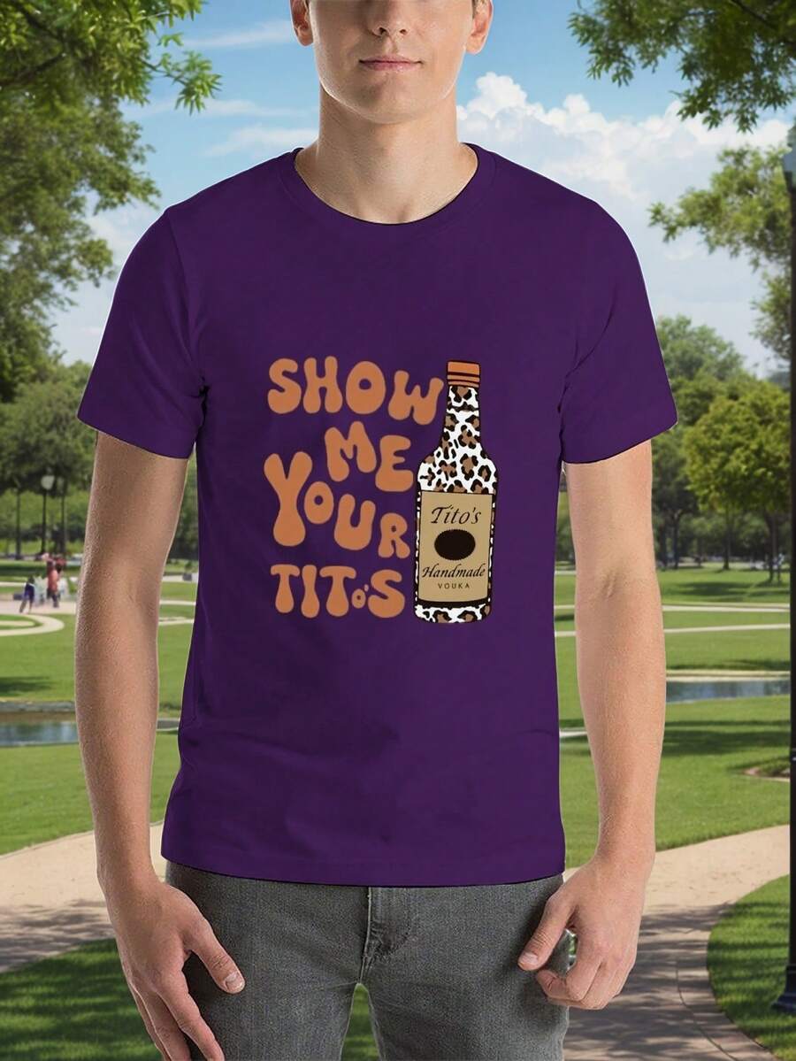 Men's Casual Short-Sleeve T-Shirt, "Show Me Your Titos" Text Pattern Top, Casual Style, 100% Cotton Top, Fashion Summer Short-Sleeve T-Shirt, Heat Transfer Print Design, Couple Outfit, Perfect Valentine's Day Gift, Couple Printed T-Shirt, Vodka Enthusiast Printed Shirt, Men's Printed T-Shirt. - Purple - View 1