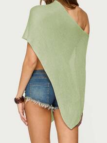 Women's Sheer Ponchos Off Shoulder Short Sleeve Solid Color T-Shirts Asymmetrical Knit Tops - 綠色 - 查看 2