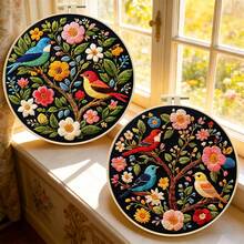 Colorful Floral Tree & Bird Embroidery Kit, Round DIY Cross Stitch Kit With Plant & Animal Patterns On Black Background, Includes Needles & Threads, Beginner Friendly, Home Wall Decor - Multicolor - View 2