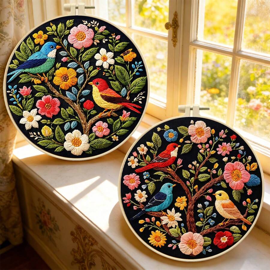 Colorful Floral Tree & Bird Embroidery Kit, Round DIY Cross Stitch Kit With Plant & Animal Patterns On Black Background, Includes Needles & Threads, Beginner Friendly, Home Wall Decor