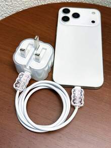 粉色蝴蝶结樱桃图案三件套（1个波浪形20W苹果充电器保护套+2个波浪形数据线防断保护夹），适用于20W苹果快充，英标标准，防止数据线损坏，女士节礼物 - 彩色 - 查看 3