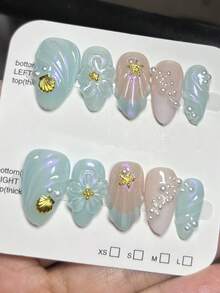 10片薄荷蓝绿色仿珍珠贝壳杏仁形短指甲贴片，Y2K法式美甲，清新优雅3D立体雕花美甲，适合日常佩戴，按压式美甲贴纸，女士手工美甲配件 - 彩色 - 查看 3
