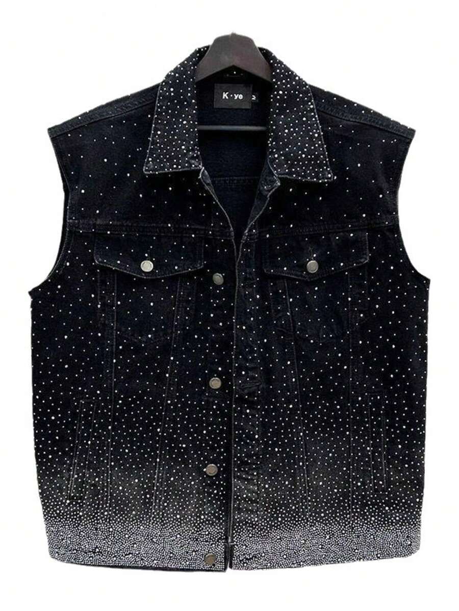 High End Fashion Rhinestone Starry Denim Versatile Loose Sleeveless Vest - màu đen - Xem 1