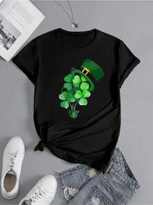 Herren-Jogging-T-Shirt, Damen-Glücksshirt mit Grafikprint, spezielles St. Patrick's Day-Shirt: rot mit grünem Kleeblatt und Hut, Rundhalsausschnitt, lockere Passform, atmungsaktive Baumwolle. - Preto - Ver 2