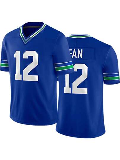 男士12号蓝色美式橄榄球球衣休闲短袖刺绣V领T恤派对橄榄球运动上衣