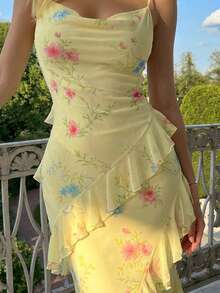 Women's Elegant Yellow Floral Spaghetti Strap Ruffled Midi Dress, Chic Sexy Summer Dress, Romantic Garden Party Outfit - Yellow - View 5