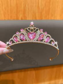 1pc Pink Heart Crown, Fashionable & Sweet Style Hair Accessory Suitable For Birthday And Performance - Multicolor - View 1