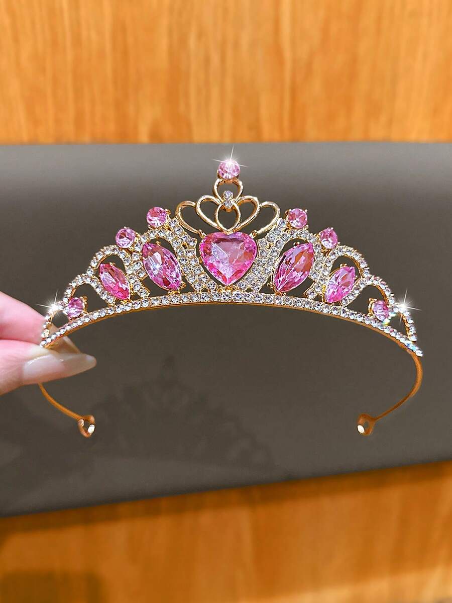 1pc Pink Heart Crown, Fashionable & Sweet Style Hair Accessory Suitable For Birthday And Performance - Multicolor - View 1