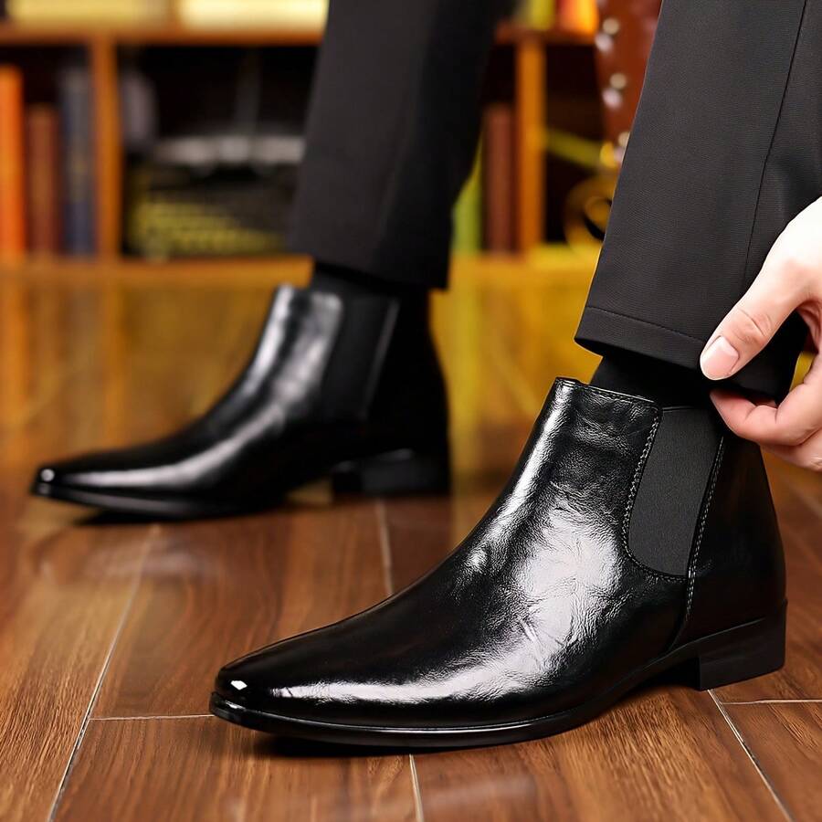 Men's Faux Leather High Gloss Chelsea Boots - Elastic Side Panels, Comfortable Durable Footwear For Daily Casual, Office & Formal Events - 黑色 - 查看 1