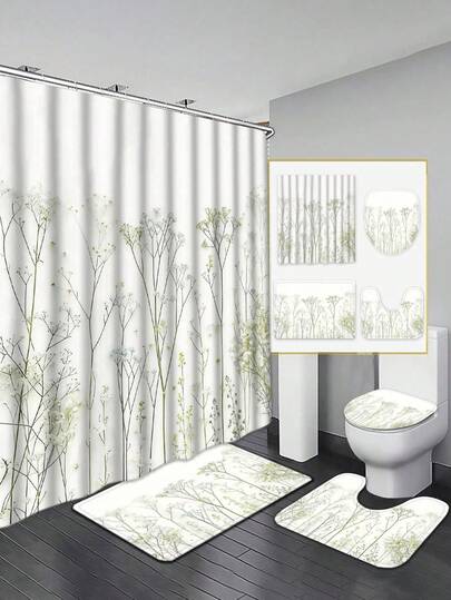 [Nordic Minimalist Style] 1/4 White Fresh Wild Flower Bathroom Set 4-Piece - Includes Waterproof Shower Curtain, Long Mat, Toilet Mat, And Toilet Lid Cover - Create A Pure, Soft, And Unified Modern Bathroom Space