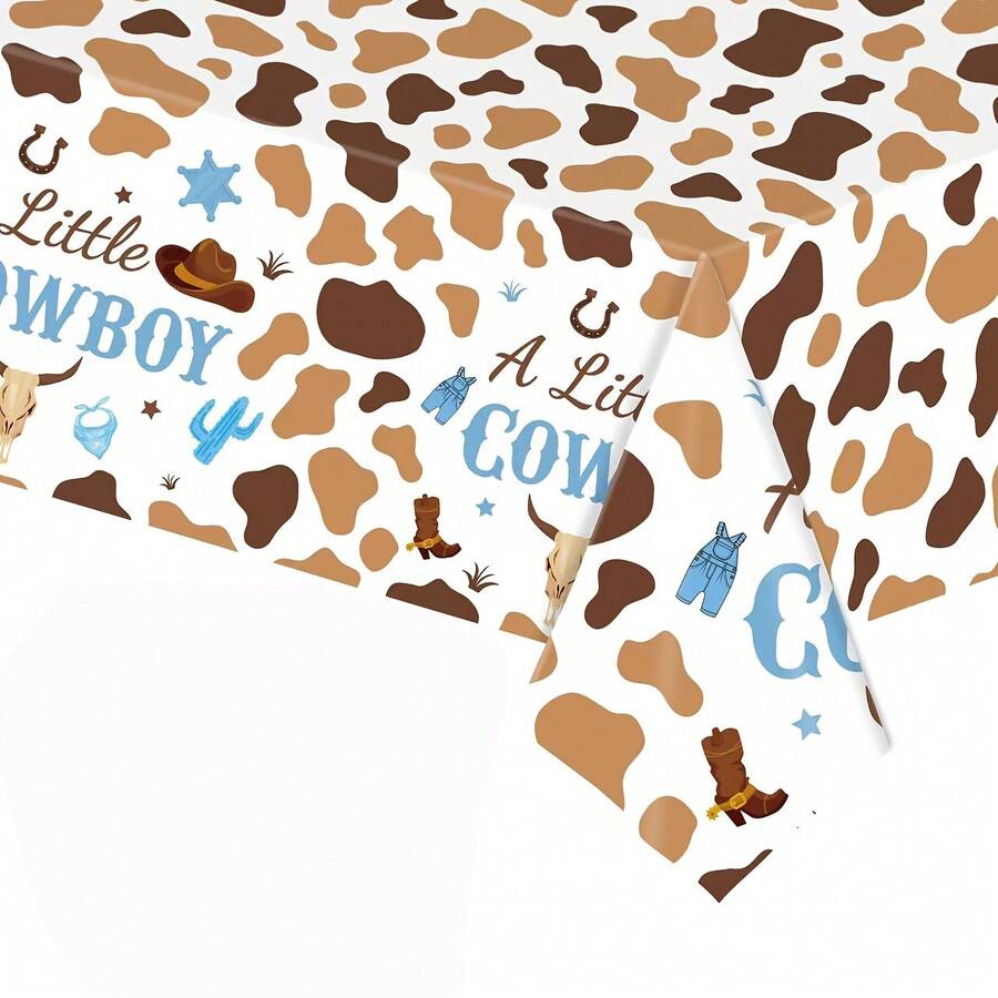 1pc Western Cowboy Theme Disposable Plastic Rectangular Tablecloth, Suitable For Cowboy Theme Birthday Party Decoration, Size 54"X108" - Multicolor - View 1