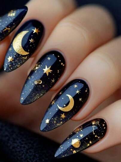 24片法式短棺材形按压式美甲贴片，金色星星图案，亮面全覆盖亚克力假指甲，带胶水，可重复使用 - 女士粘贴式假指甲，斋月美甲礼物