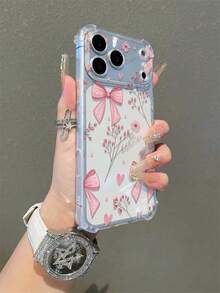 1个可爱粉色蝴蝶结树枝透明软手机壳，兼容 17/17Pro/17ProMax/16/15/14/13/11/12 Pro Max/16/15/14 Plus，时尚甜美蝴蝶结图案，保护性后盖 - 無色 - 查看 3