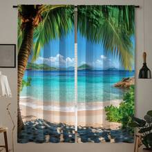 2 tấm rèm cửa họa tiết bãi biển nhiệt đới, chất liệu polyester 120g, kiểu may túi luồn thanh treo, in chuyển nhiệt họa tiết mùa xuân, bán trong suốt, theo mùa, rèm trang trí cho phòng khách, phòng ngủ, kiểu xếp ly trên, có thể giặt máy. - Nhiều màu - Xem 10