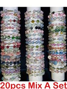 20pcs Mix Glass Beads Bracelets - Heart Star Butterfly Daisy Flower Metal Charms & Spacers Boho Stretch Stackable Jewelry For Women Teen Girls - 20塊混合裝 - 查看 10