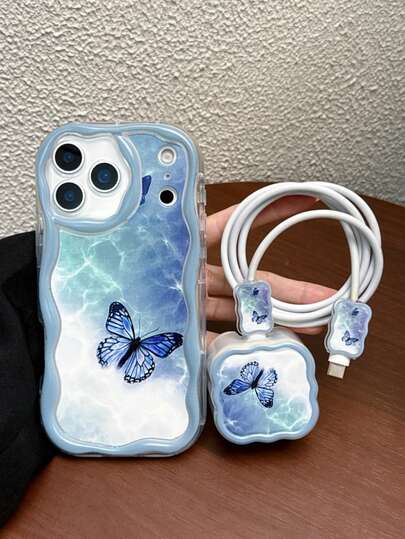 4-Piece Set (1 Blue Butterfly Pattern Wavy Phone Case + 1 UK 20W Apple Wavy Charger Protector + 2 Wavy Data Cable Protectors), Compatible With IPhone 17/17 Pro/17 Pro Max/Air/16/16 Pro/16 Pro Max/16 Plus/7/8/7P/8P/X/XS/XR/XS Max/11/11 Pro/11 Pro Max/12/12 Pro/12 Pro Max/12 Mini/13/13 Pro/13 Pro Max/13 Mini/14/14 Pro/14 Plus/14 Pro Max/15/15 Pro/15 Plus/15 Pro Max