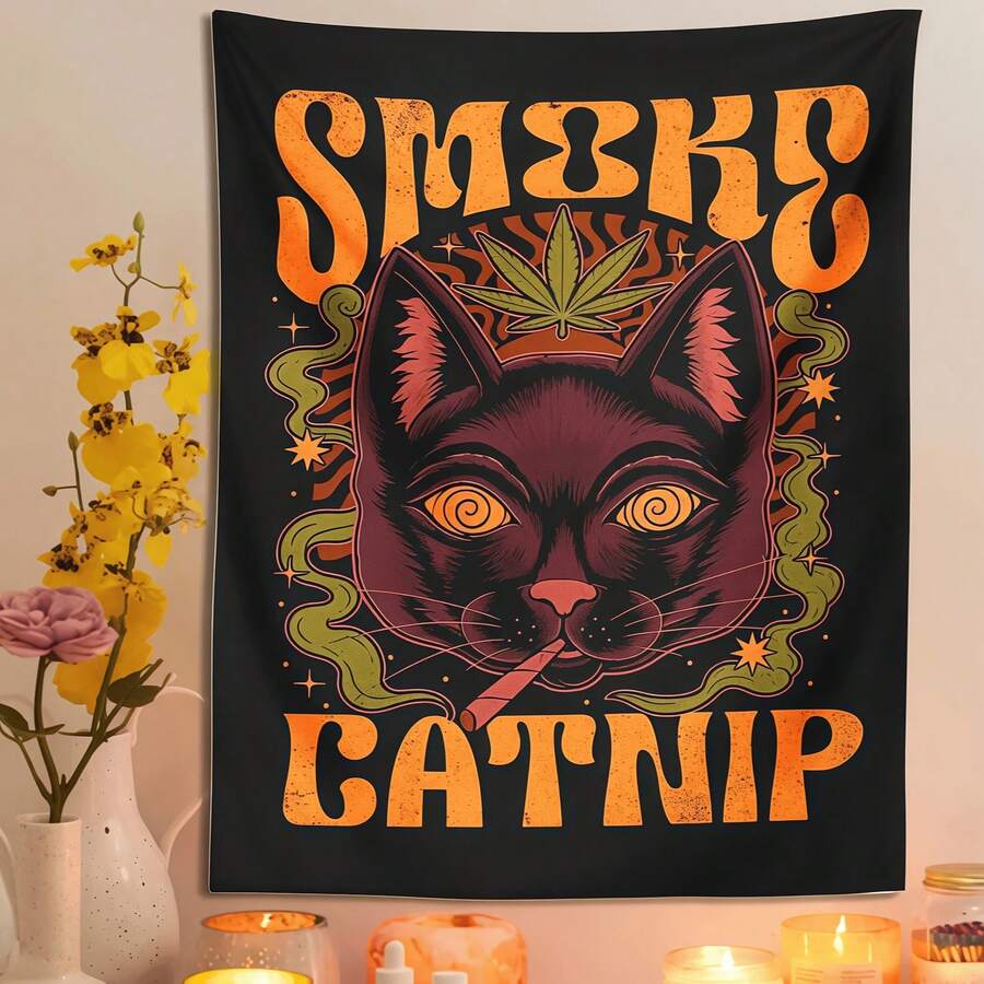 1 Tapeçaria Vintage de Gato Tarô Místico de Adivinhação da Sorte, Tapeçaria de Gato Fumante, Adequada para Decoração Doméstica, Decoração de Dormitório | Tapeçaria Moderna | Material de Poliéster - Gato fumante - Visão 1