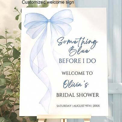 Customizable Blue Bow Decoration Welcome Sign For Weddings, Parties, Anniversaries, Birthdays, Valentine's Day, Engagement Parties, Bachelorette Parties, Etc. Can Add Personalized Text, Names/Dates. Elegant Engagement Celebration Welcome Board., Welcome Board Personalized