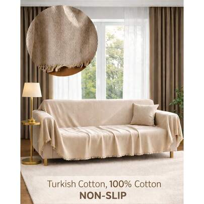 Non-Slip Tassel Sofa Cover – 100% Cotton – 180*300 Cm – Soft And Comfortable, Made In Türkiye