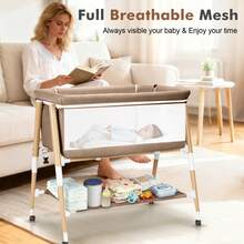 3 In 1 Baby Bedside Bassinet, Portable Travel Crib With Wheels,Adjustable 5 Height,Mattress,Mosquito Net,Basket,Carry Bag,Khaki - Khaki - View 5