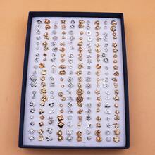 100 Pairs Assorted Gold & Silver Color Plastic Stud Earrings Set With Rhinestones, Fashionable Versatile Earring Jewelry Set With Box - Gold, Silver and White Diamonds In a Gift Box - View 6