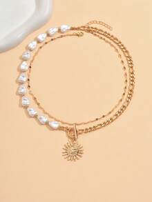 2pcs/Set Fashion Heart-Shaped Faux Pearl Necklace, Punk Style Thick Chain Sun Pendant Necklace Set, Suitable For Daily Wear, Street Photography, Dating - Gold - View 2