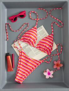 Women's Sexy Fashion Minimalist Elegant Romantic Two Pieces Casual Beach Travel Party Reversible Striped Print Halter Swimwear Set, Spring/Summer New Arrival - Orange - View 2