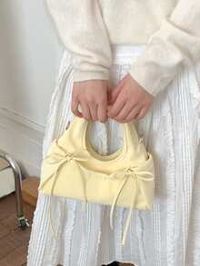 甜美风格新月形手提包，饰有蝴蝶结，多口袋设计，女士必备。Y2K芭蕾舞风格斜挎包，配有可调节肩带，是日常购物和休闲外出的理想之选。 - 黃色 - 查看 5