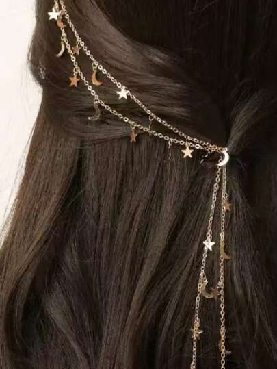 1 pezzo Fermaglio per capelli con catena in rame e piastra in ferro, accessorio per capelli a forma di stella e luna intrecciato, adatto per Eid Al-Fitr