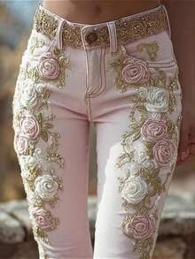 Women's Vintage Pink Rose Embroidered Art Print Jeans - 粉色 - 查看 1