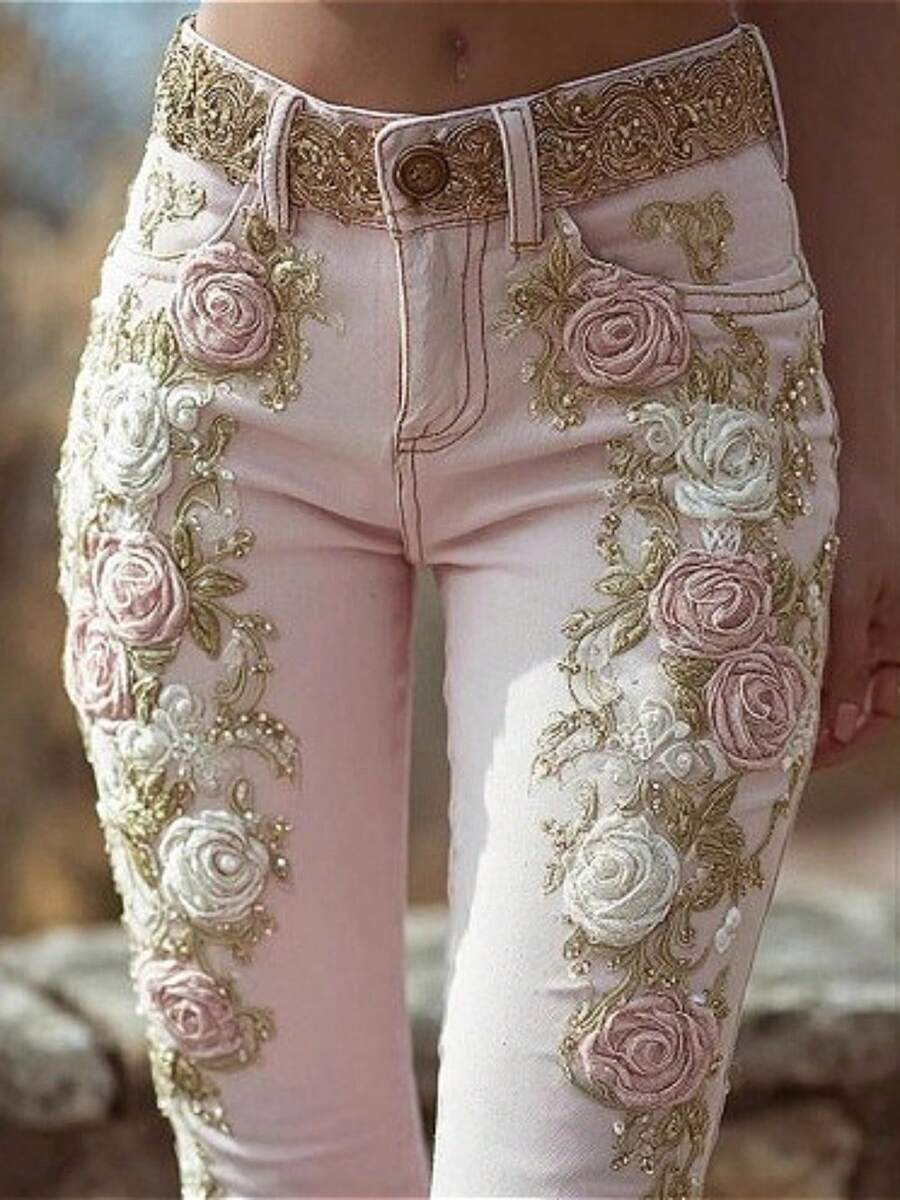 Women's Vintage Pink Rose Embroidered Art Print Jeans - 粉色 - 查看 1