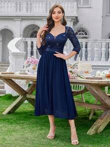 MIUSOL 亮片花卉蕾丝心形领口七分袖褶裥下摆优雅派对礼服，适合女士婚礼宾客、正式派对、毕业舞会、春季盛会等场合。 - 藏蓝色 - 查看 7