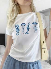 Summer ocean Life Printed Casual T-Shirt, Jellyfish T-Shirt, Whale T-Shirt, Seahorse T-Shirt, Marine Biology T-Shirt - Blanc - Voir 1