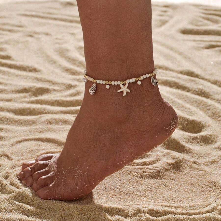 1pc Bohemian Beach Style Beaded Resin Starfish & Shell Pendant Anklet, Suitable For Daily Commute And Vacation Wear - Multicolor - View 1