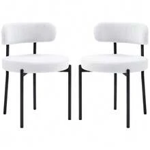 Set Of 2 Dining Chairs, Fleece Upholstery, Padded Seat, Metal Legs, Cream White - White - View 1