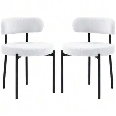 Set Of 2 Dining Chairs, Fleece Upholstery, Padded Seat, Metal Legs, Cream White