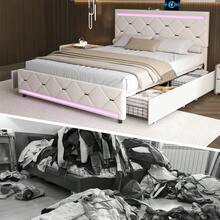 Caluself 140/160 X 190/200 Cm Double Bed, Bed With Storage Space And 4 Drawers, Youth Bed With Headboard, Elegant And Sophisticated Bed Frame, Cream-Colored, Velvet - Màu be - Xem 6