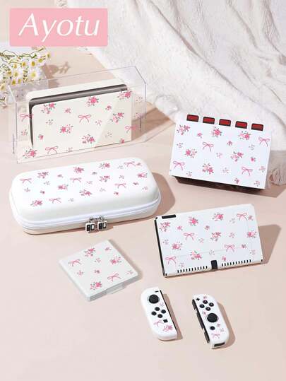Ayotu Accesorios con diseño de flor de rosa y árbol para Nintendo Switch/Switch OLED/Switch Lite, que incluyen funda protectora, bolsa de almacenamiento, carcasa de consola, cubierta antipolvo, estuche para tarjetas de juego, agarre de controlador, adecuado para regalos de Navidad, romance primaveral, Día de San Valentín, vuelta al colegio