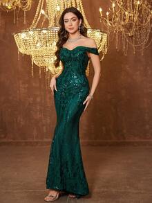 UNITHORSE [Cắt ngẫu nhiên] Đầm hở vai, lưng trần dành cho nữ, đầm dạ hội lấp lánh đính sequin, đầm cưới, đầm sinh nhật, đầm tốt nghiệp, đầm dự tiệc cưới, tiệc mùa xuân. - Màu xanh lá cây đậm - Xem 6