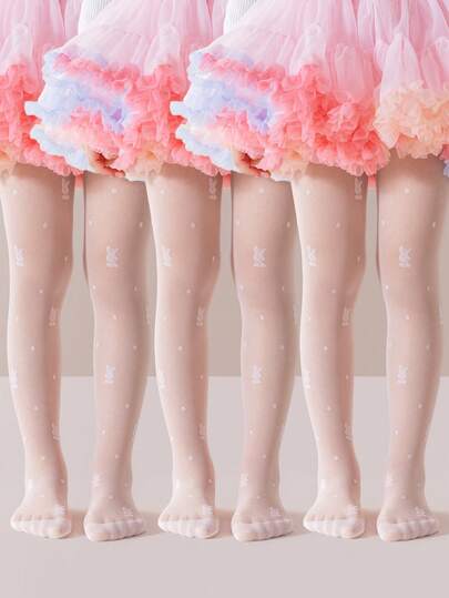 1/3双装春夏儿童公主连裤袜，粉色可爱兔子网眼透气舒适打底裤，柔软轻盈休闲舞蹈袜，适合舞台表演、派对、节日礼物、情人节、学校、日常穿着